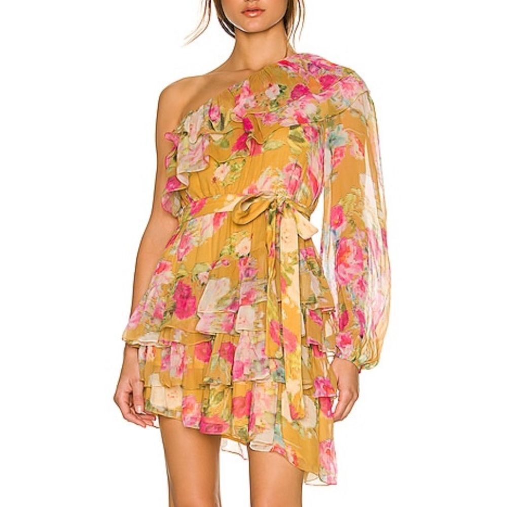 Rococo Sand Avar Belted One Shoulder Dress in Ochre Revolve Large New